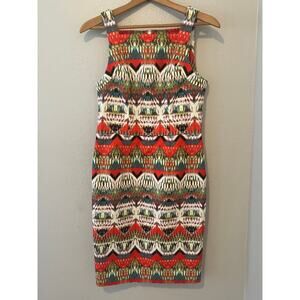 Women's Maggy London Ikat Stipe Woven Boho Sheath Dress Square Neck Size 4
